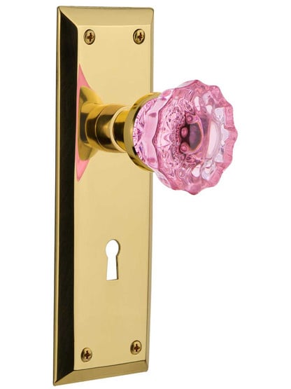 New York Mortise Lock Set with Colored Fluted Crystal Glass Knobs Pink in Polished Brass.